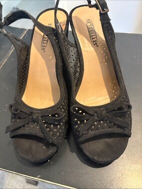 Seychelles Black Perforated Peep-Toe Slingback Heels with Bow